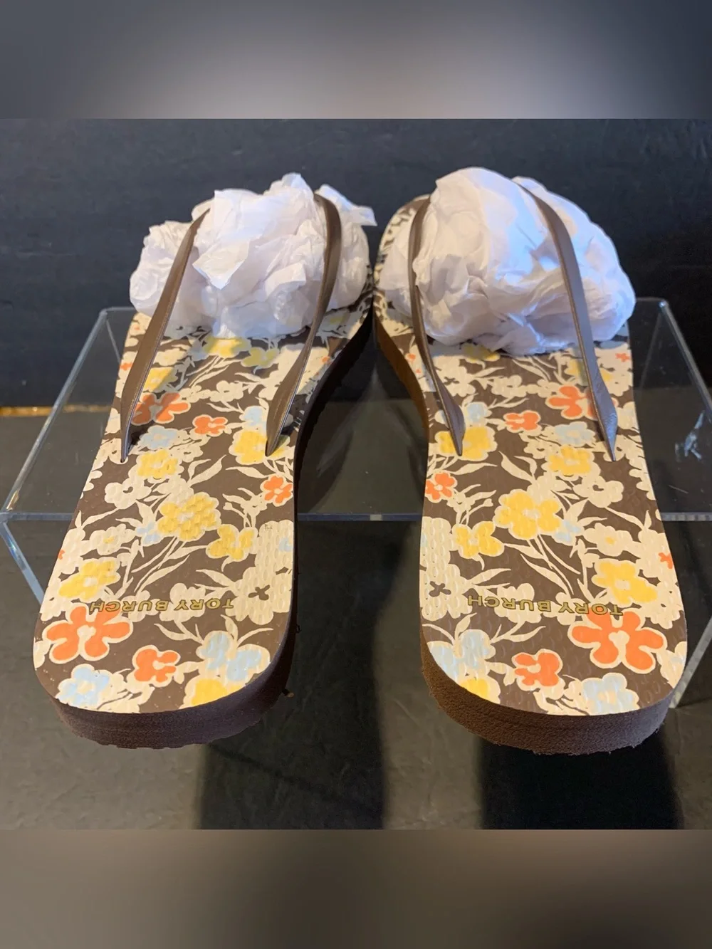 Tory Burch NEW 8 Soho Reverie Brown Floral Logo Thong Sandals Flip Flops